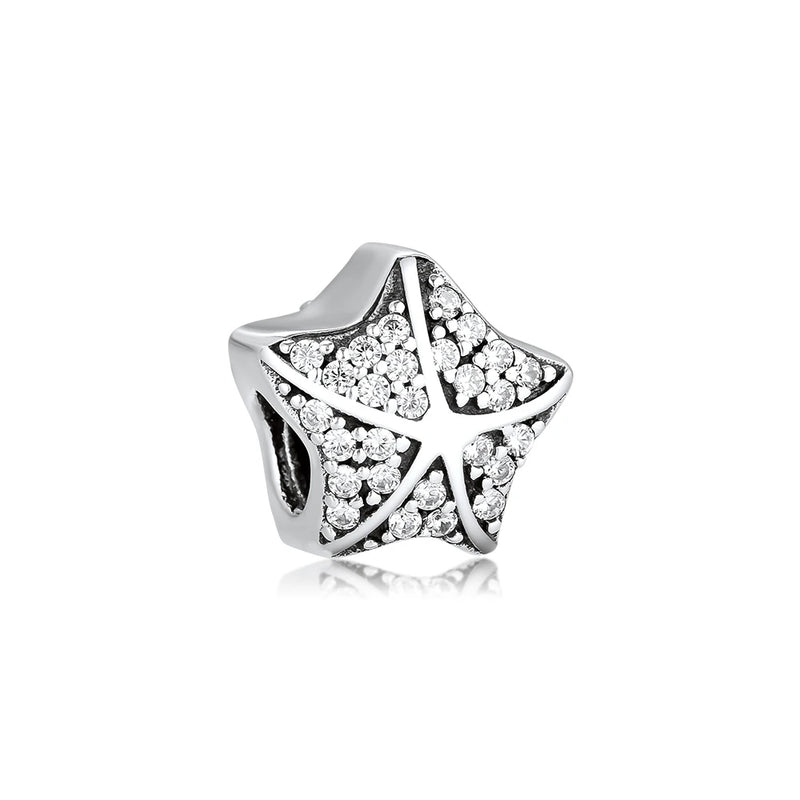 925 Sterling Silver Starfish Beads Clear CZ for Bracelets
