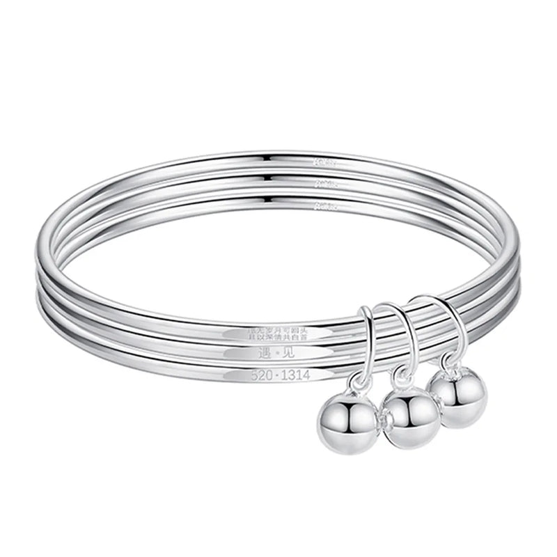 S925 Kanji Bell Charm Bracelet Set for Women - 3pcs Combination Bangles