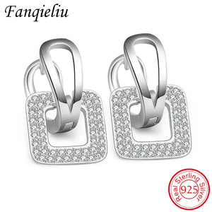 925 Silver Square Charms Hoop Earrings Zircon Wedding FQL20379