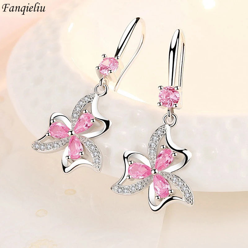 925 Silver Princess Crystal Flower Drop Earrings Vintage Jewelry