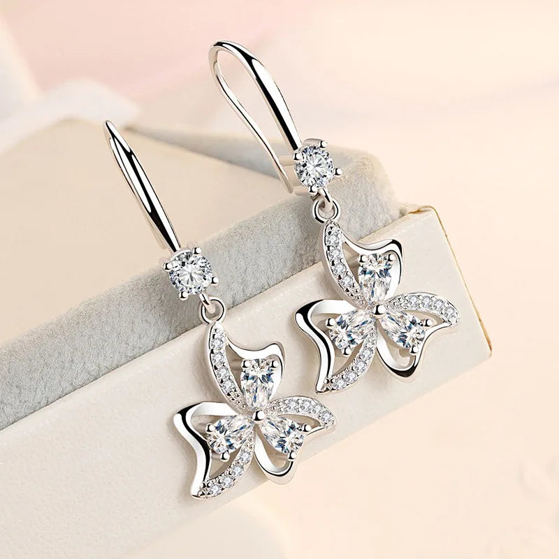 925 Silver Princess Crystal Flower Drop Earrings Vintage Jewelry