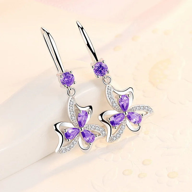 925 Silver Princess Crystal Flower Drop Earrings Vintage Jewelry