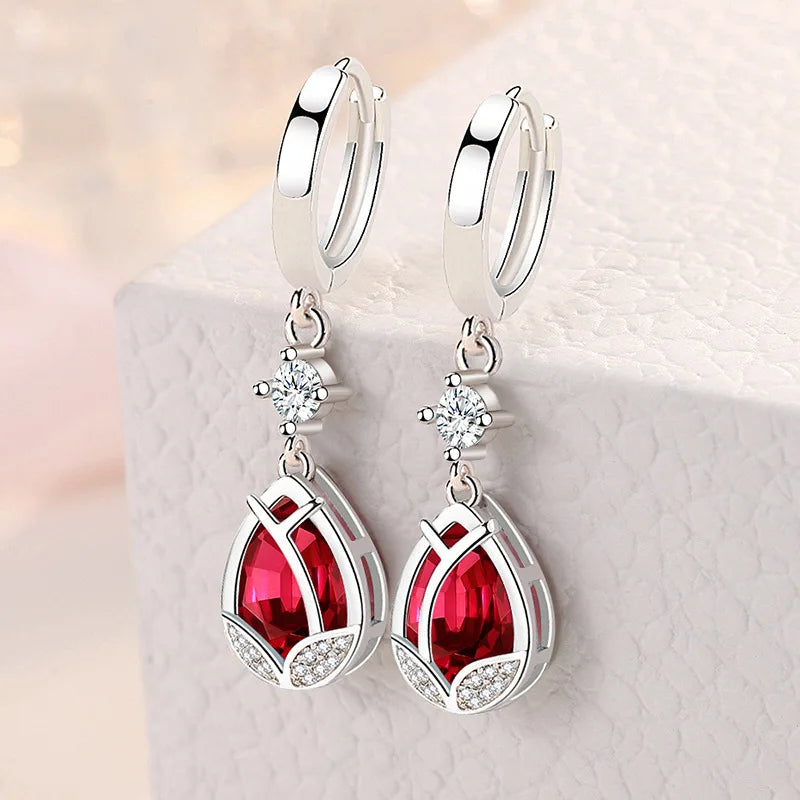 Vintage Crystal Flower Drop Earrings 925 Silver Needle