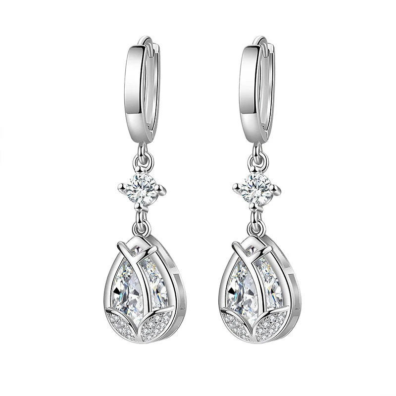 Vintage Crystal Flower Drop Earrings 925 Silver Needle