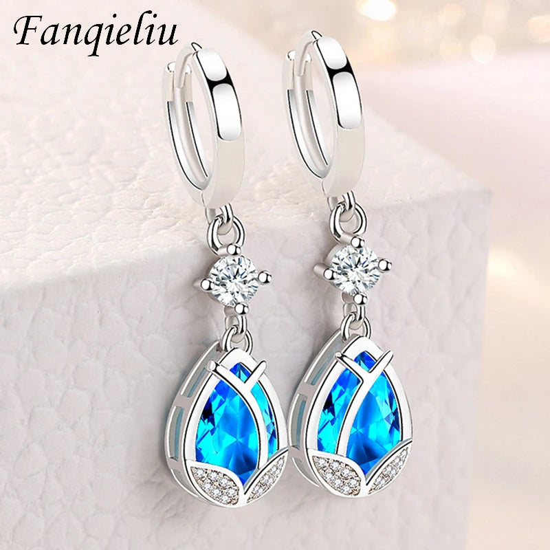 Vintage Crystal Flower Drop Earrings 925 Silver Needle