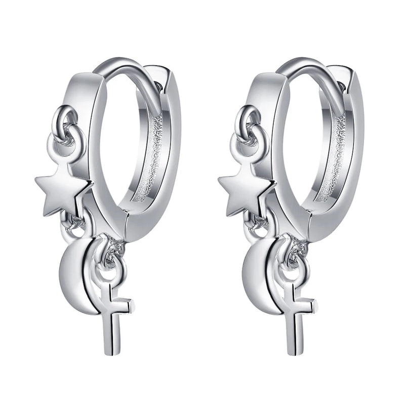 Vintage Moon Star Cross Hoop Earrings 925 Silver Needle Gift FQL20495