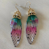 Neon Rhinestone Cicada Wings Earrings Pink Sequins Long Drop Earrings