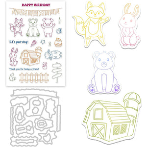 Farm Animals Cutting Dies and Stamps Set with Fence Shape