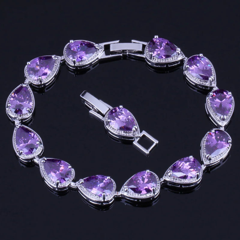 Purple Cubic Zirconia Bracelet with Link Chain V0042