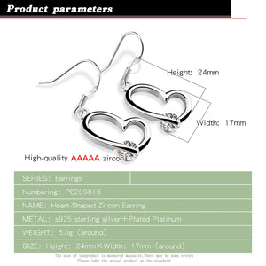 925 Silver Zircon Heart Earrings Danglers Gift