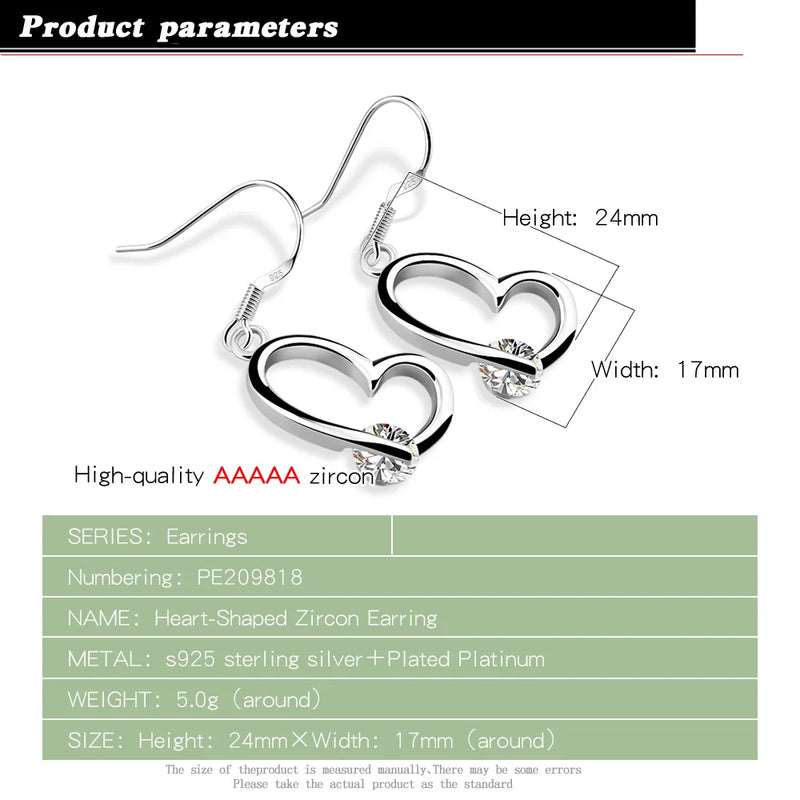 925 Silver Zircon Heart Earrings Danglers Gift