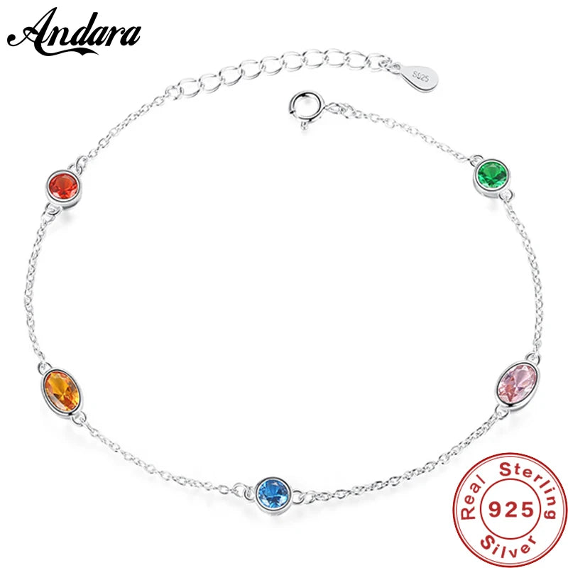 925 Silver Multicolor Round Chain Bracelet Bangle Women Jewelry