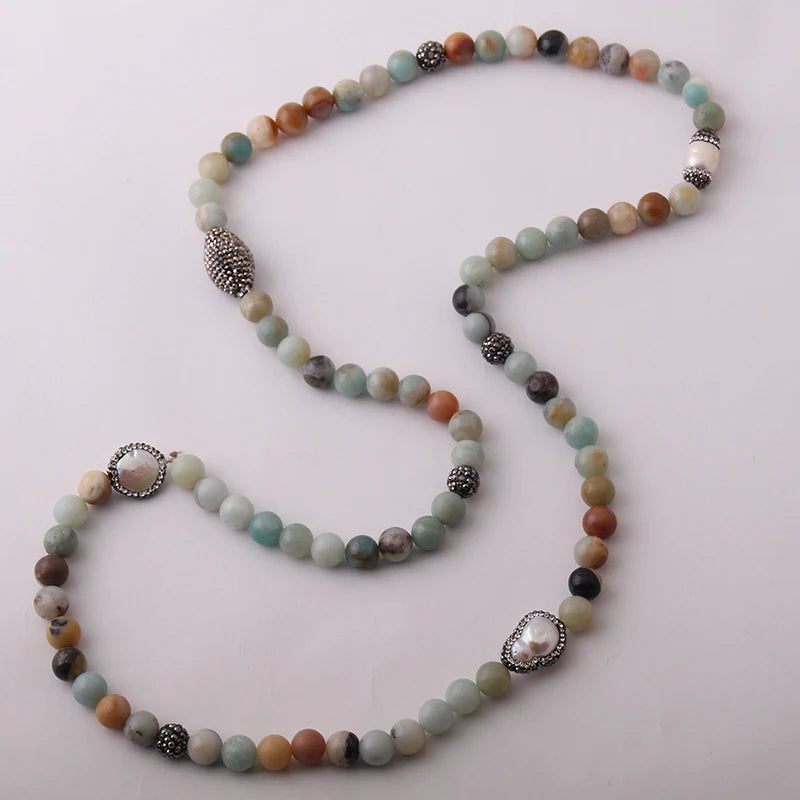 10mm Amazonite Stone Pearl Charm Necklace