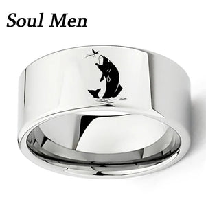 11mm Wide Tungsten Carbide Wedding Band Engraved Flying Fish Ring