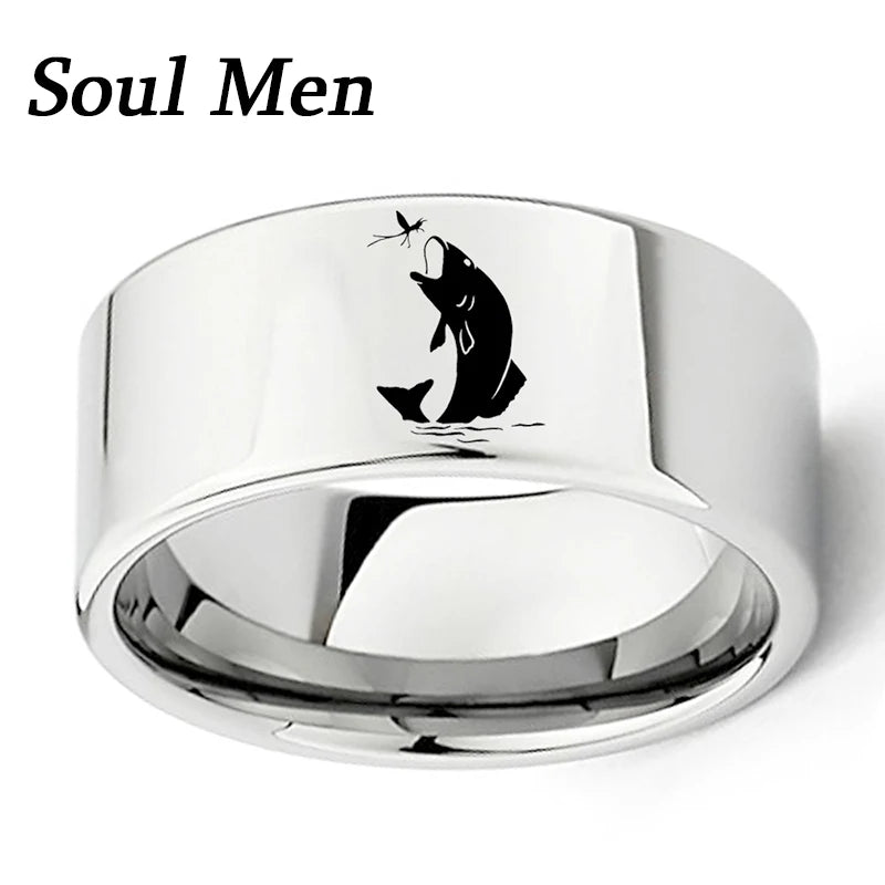 11mm Wide Tungsten Carbide Wedding Band Engraved Flying Fish Ring