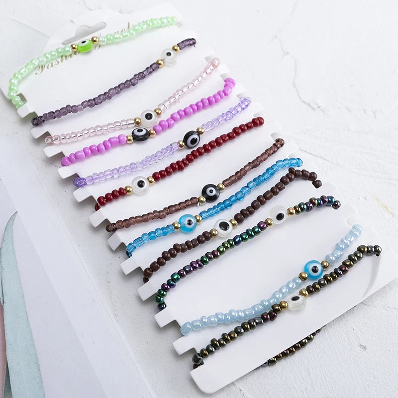 12pcs Eye Beaded Bracelet Mix Color Elastic Friendship Jewelry