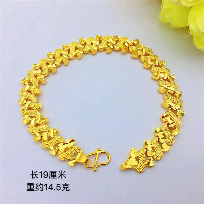 14K Yellow Chain Bracelet Flower Engrave Pattern Hand Jewelry
