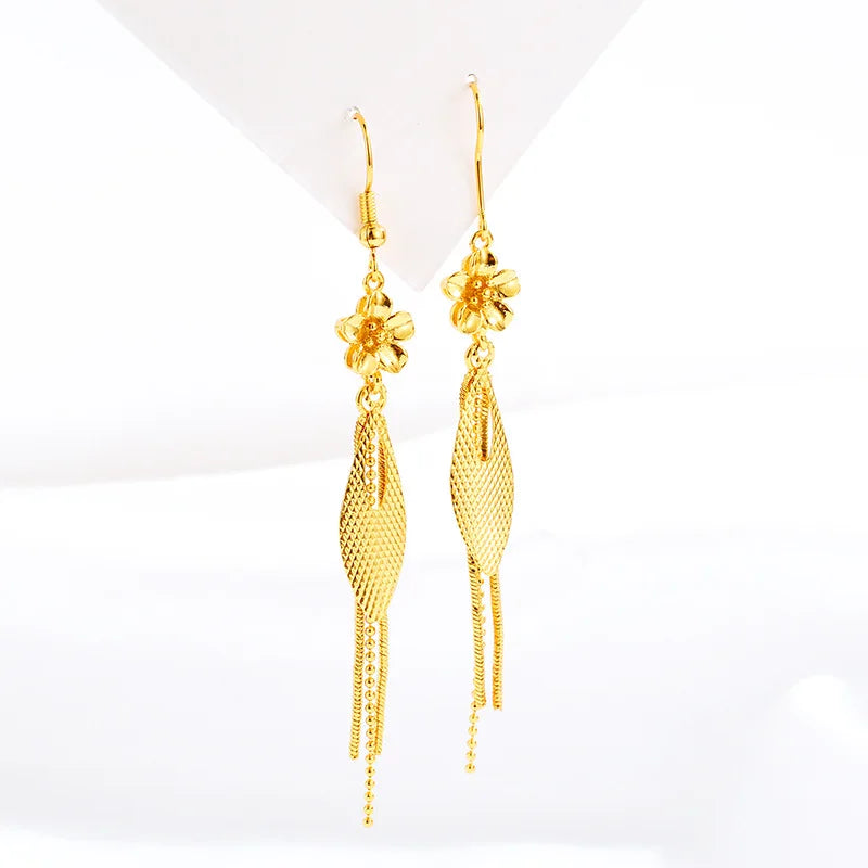 14K Long Tassel Earrings Leaf Shape Wedding Engagement Jewelry