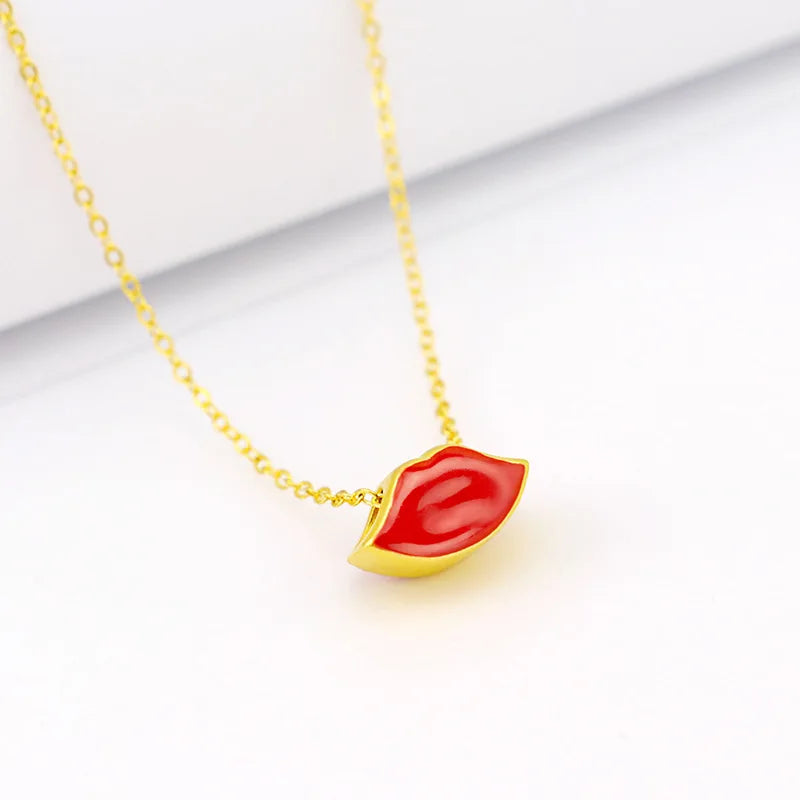 14k Yellow Necklace Chain Red Lip Jewelry for Girl Birthday Party
