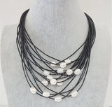 15 Rows Gray Leather & 11-12mm Pearl Necklace