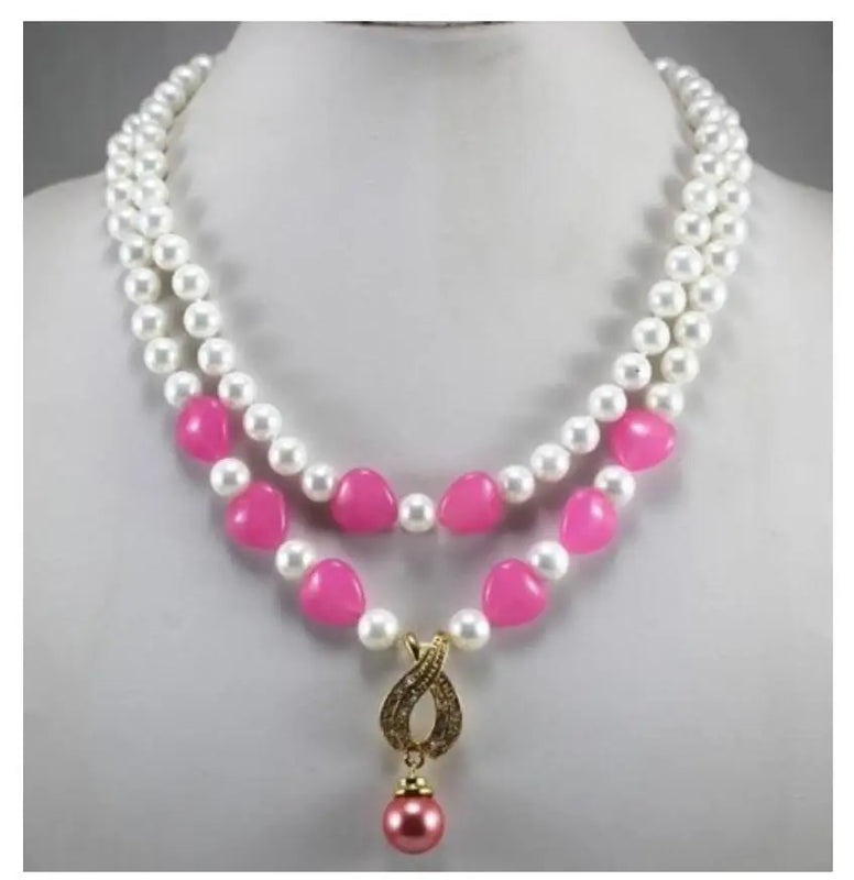 Shell pearls & Jade heart necklace, Rose Red
