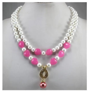 Shell pearls & Jade heart necklace, Rose Red