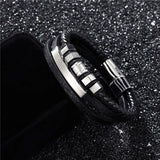 Men's Punk Leather Bracelet Stainless Steel Bangles 19/21/23cm