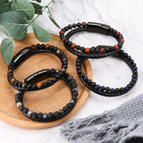 Tiger Eye Stone Leather Men's Bracelet Strong Magnetic Button