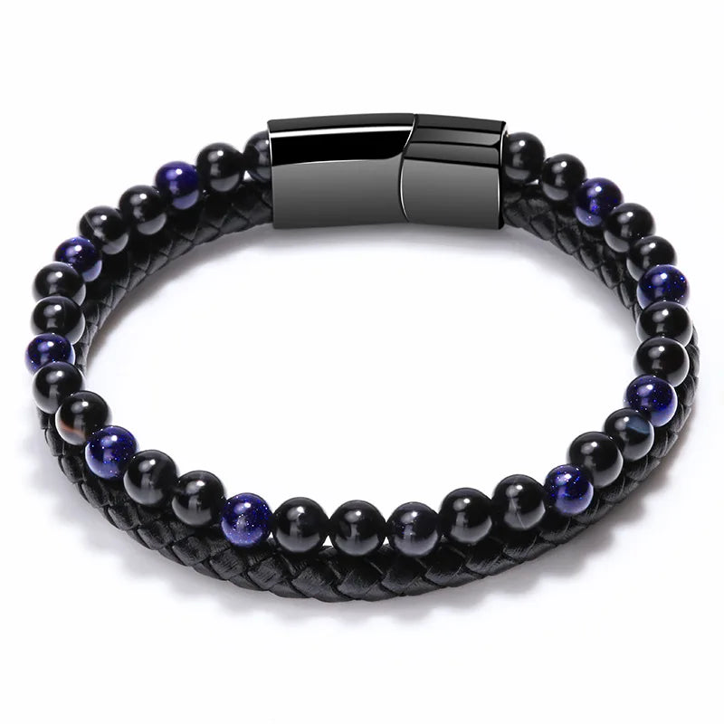 Tiger Eye Stone Leather Men's Bracelet Strong Magnetic Button