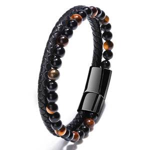 Tiger Eye Stone Leather Men's Bracelet Strong Magnetic Button
