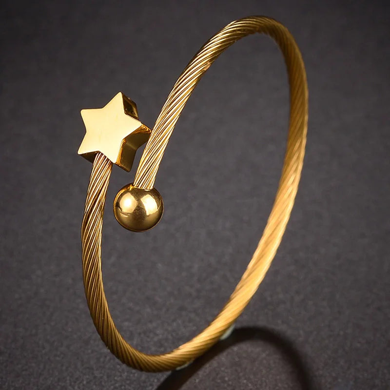 Stainless Steel Star Charm Bangle Flower Circle Bracelet