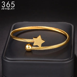 Stainless Steel Star Charm Bangle Flower Circle Bracelet