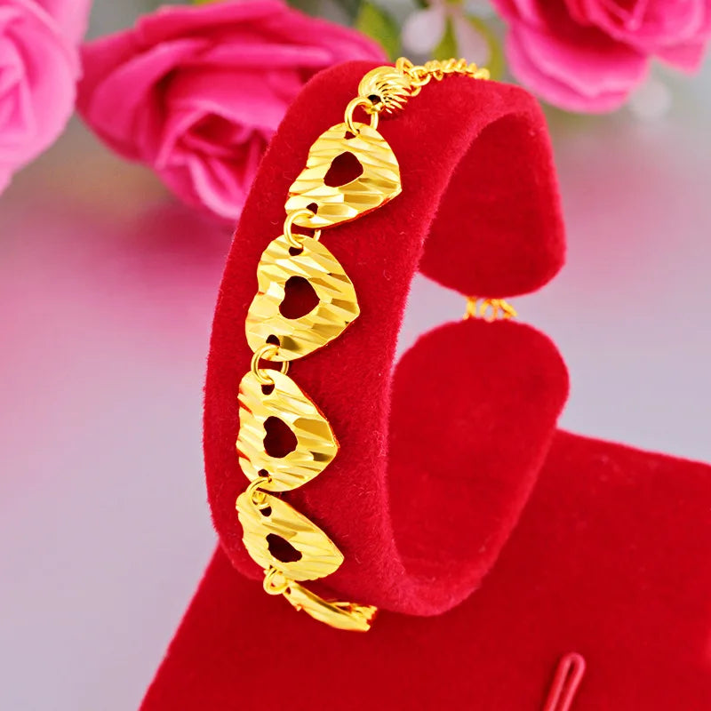 24k Yellow Plated Love Heart Pendant Bracelet for Women