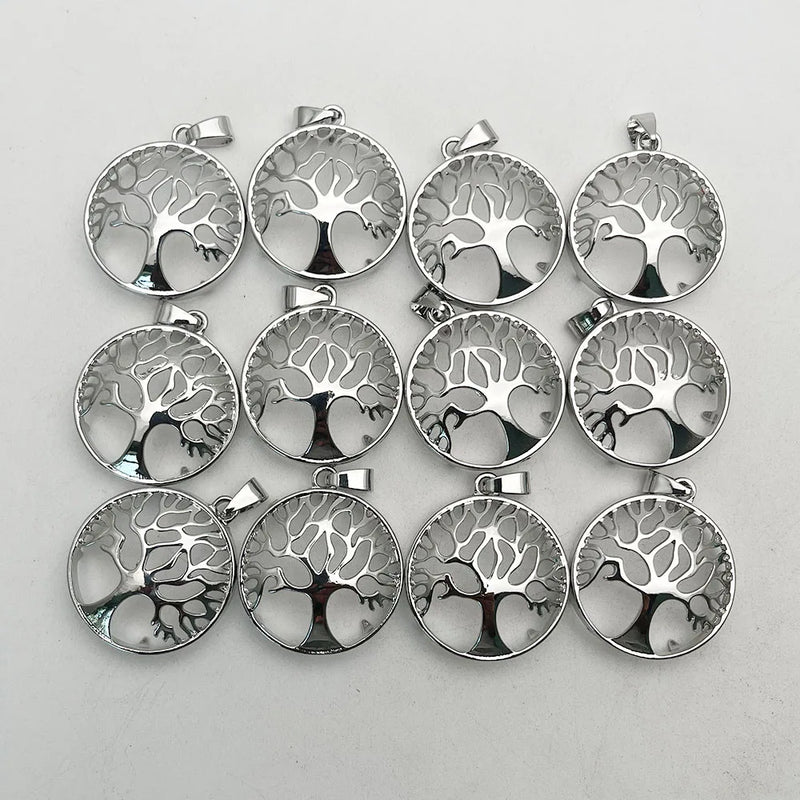 27MM Tree of Life Metal Shell 24pc Wisdom Chakra Reiki Natural Stone Pendant