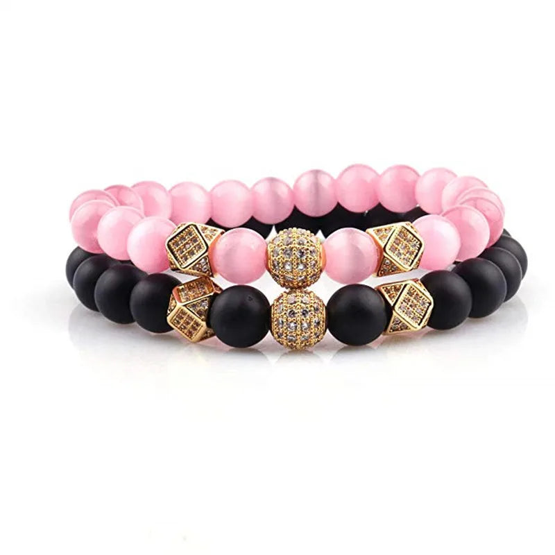 Couple His Hers Stone Bead CZ Crown Bracelet Set Men Wristband Jewelry