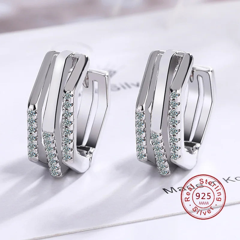 3 Row Rhinestone 925 Silver Stud Earrings for Women