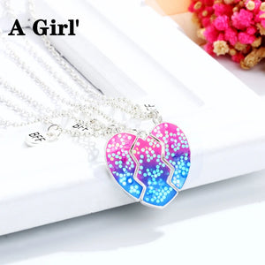 3 Pack Bff Heart Pendant Necklace Rainbow Enamel Broken Heart Pendant