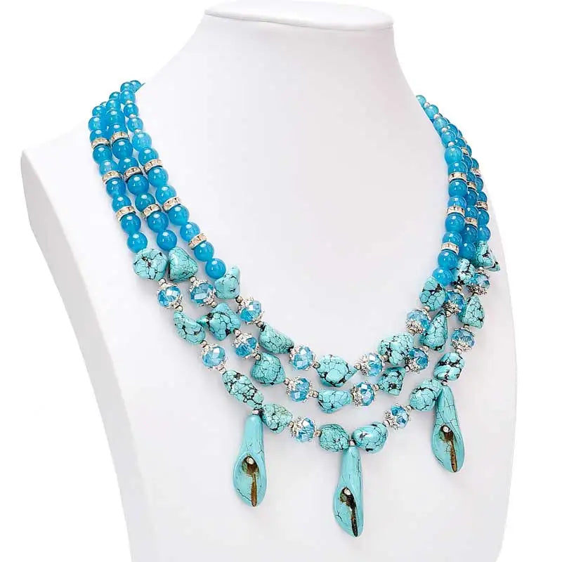 3-Row Blue Pearl & Turquoise Pagoda Necklace for Women and Girls