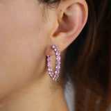 Rose Quartz Round Large Hoop Earring 925 Sterling Silver Punk Pink CZ Jewelry