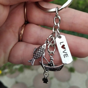 30mm Key Chain Jewelry Silver Fisherman Boat Fishing Pendant