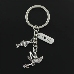 30mm Key Chain Jewelry Silver Fisherman Boat Fishing Pendant