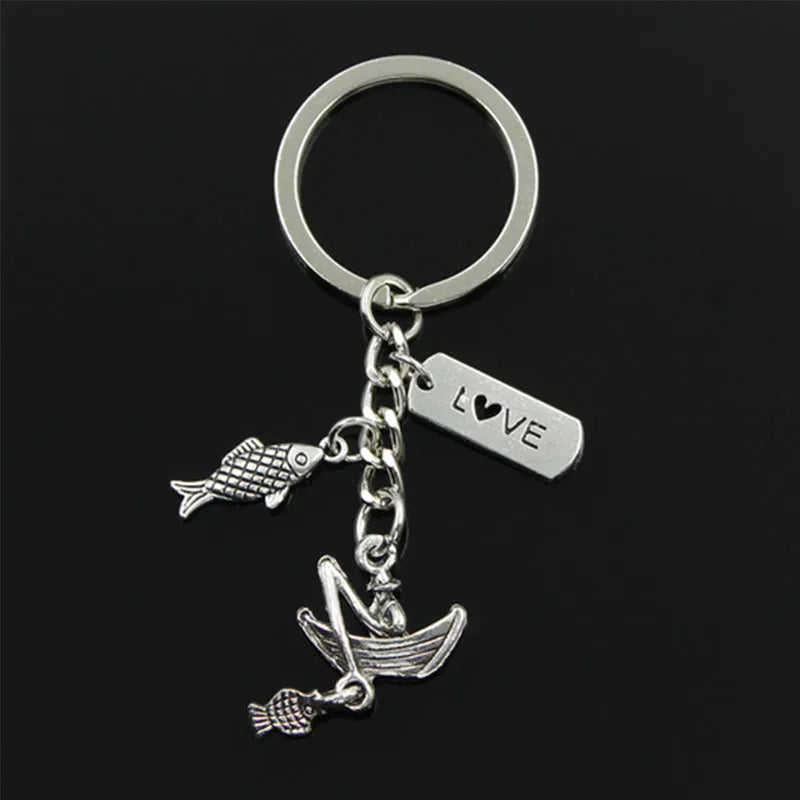 30mm Key Chain Jewelry Silver Fisherman Boat Fishing Pendant