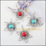 5Pcs Tibetan Silver Sun Flower Blue&Red Stone Charms 37.5x47mm