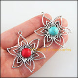 5Pcs Tibetan Silver Sun Flower Blue&Red Stone Charms 37.5x47mm