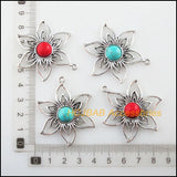 5Pcs Tibetan Silver Sun Flower Blue&Red Stone Charms 37.5x47mm