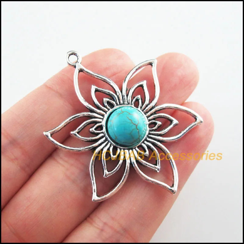5Pcs Tibetan Silver Sun Flower Blue&Red Stone Charms 37.5x47mm