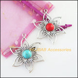 5Pcs Tibetan Silver Sun Flower Blue&Red Stone Charms 37.5x47mm