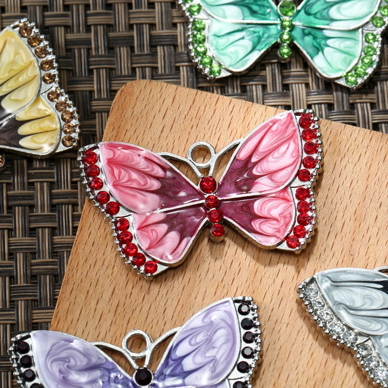 5pcs Mixed Rhinestones Butterfly Charms Pendant DIY Jewelry Making 51*13mm