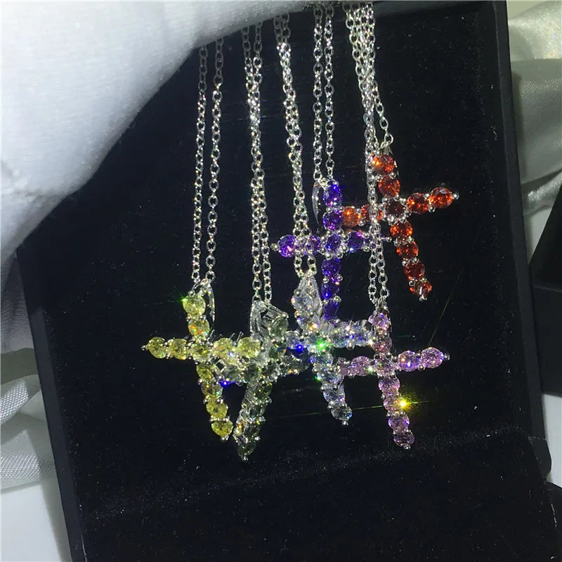 6 Colors Cross Pendant CZ Stone Filled Necklace for Women Men