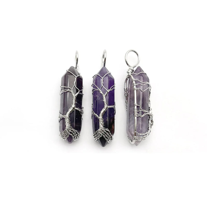 6pc Natural Amethyst Stone Tree of Life Pendant Necklace for Jewelry Making